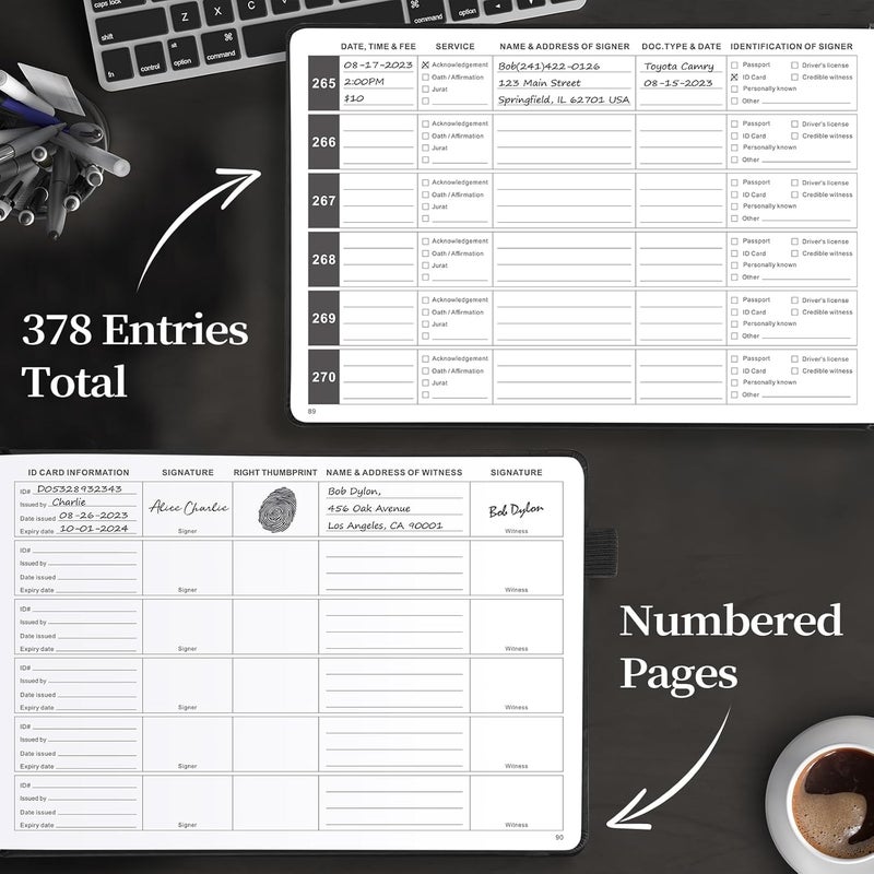 JUBTIC Notary Journal Log Book - Notary Public Journal of Notarial Acts - Notary Supplies with Privacy Guard– Horizontal, 378 Record Entries, 128 Numbered Pages, Hardcover, 10x7″ (Black) - Image 3